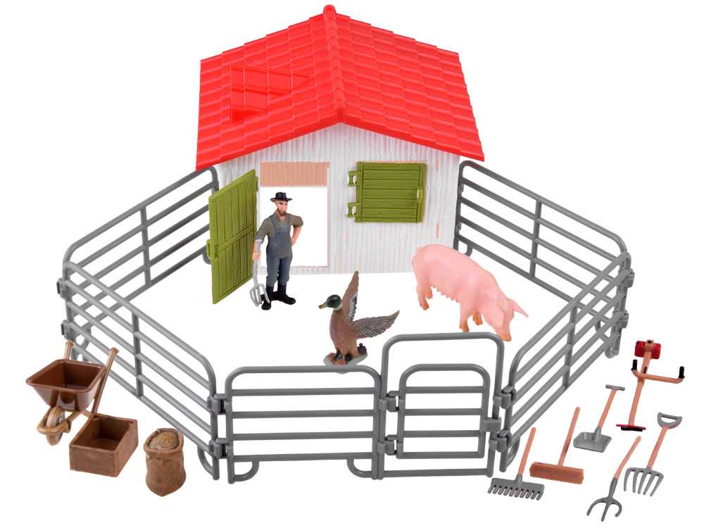 Ūkio rinkinys su gyvūnais ir ūkininku