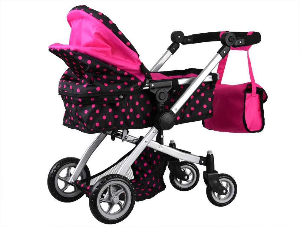 Daugiafunkcinis lėlių vežimėlis 4in1, rožinis/juodas