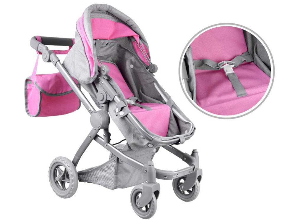 Daugiafunkcinis lėlių vežimėlis 4in1, rožinis/pilkas