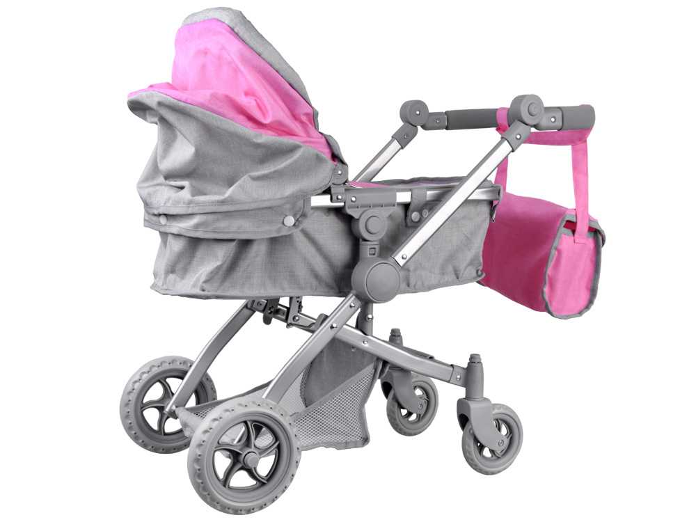Daugiafunkcinis lėlių vežimėlis 4in1, rožinis/pilkas