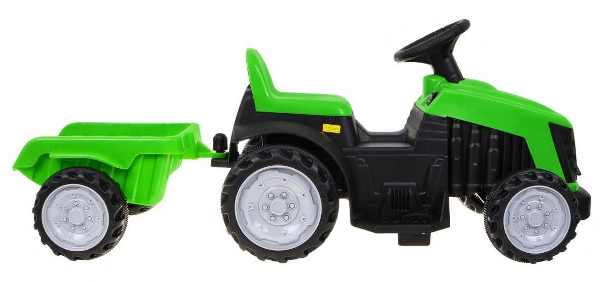 Vaikiškas elektrinis traktorius su priekaba, žalias