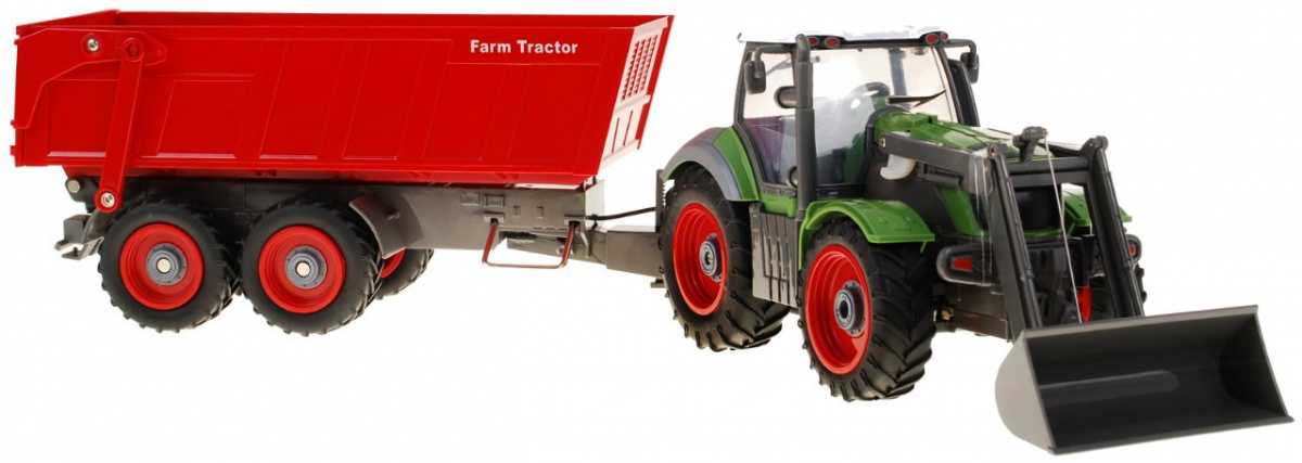 Nuotoliniu būdu valdomas traktorius su priekaba 1:28, žalias ir raudonas