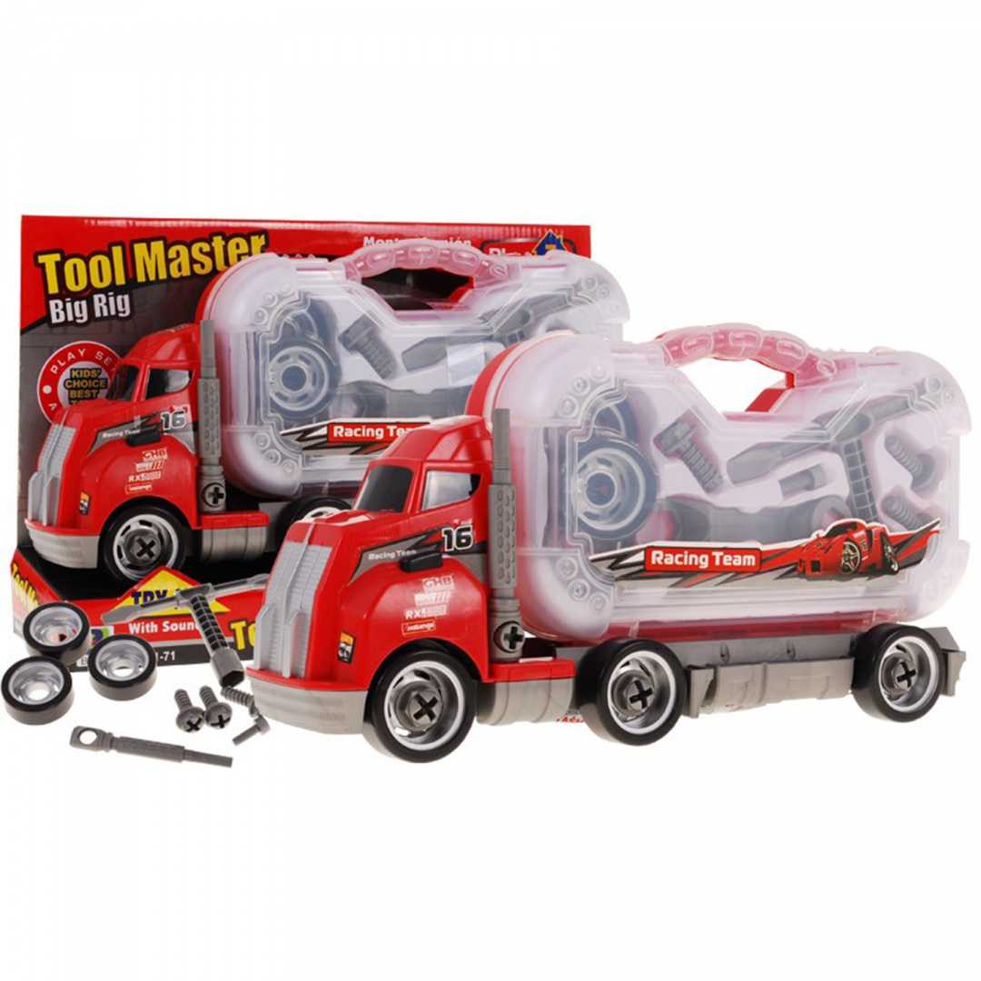 Žaislinis sunkvežimis su įrankių lagaminu