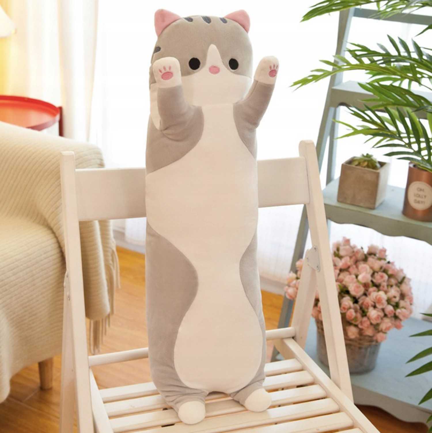 Pliušinis pailgas žaislas/pagalvėlė 70 cm, pilka katytė