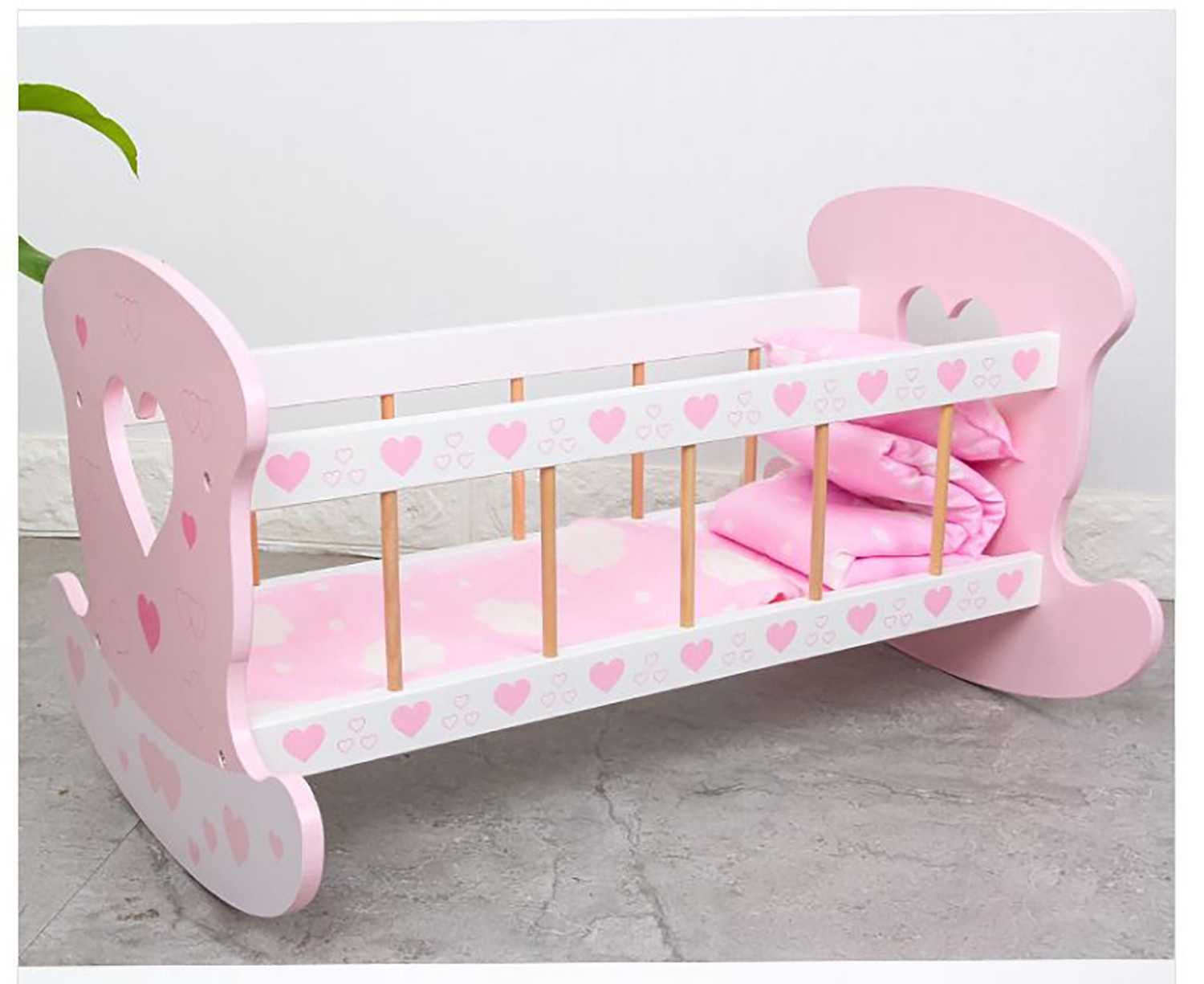 Didelė medinė lovytė - lopšys su patalyne, rožinė
