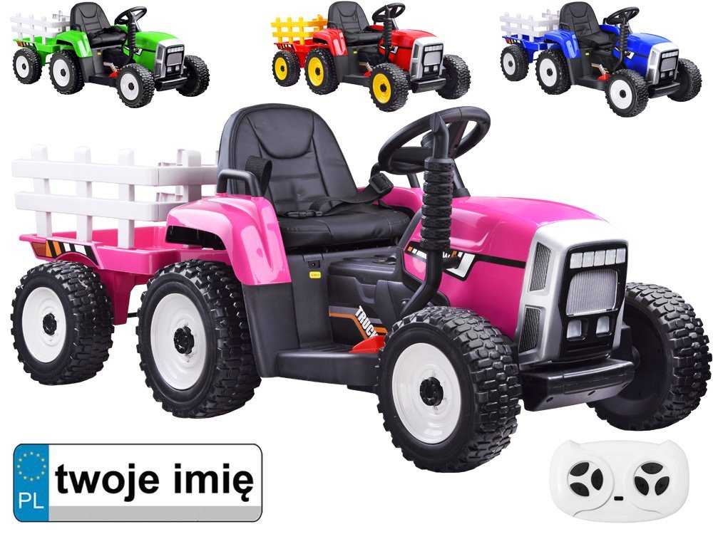 Didelis elektrinis traktorius su priekaba, rožinis