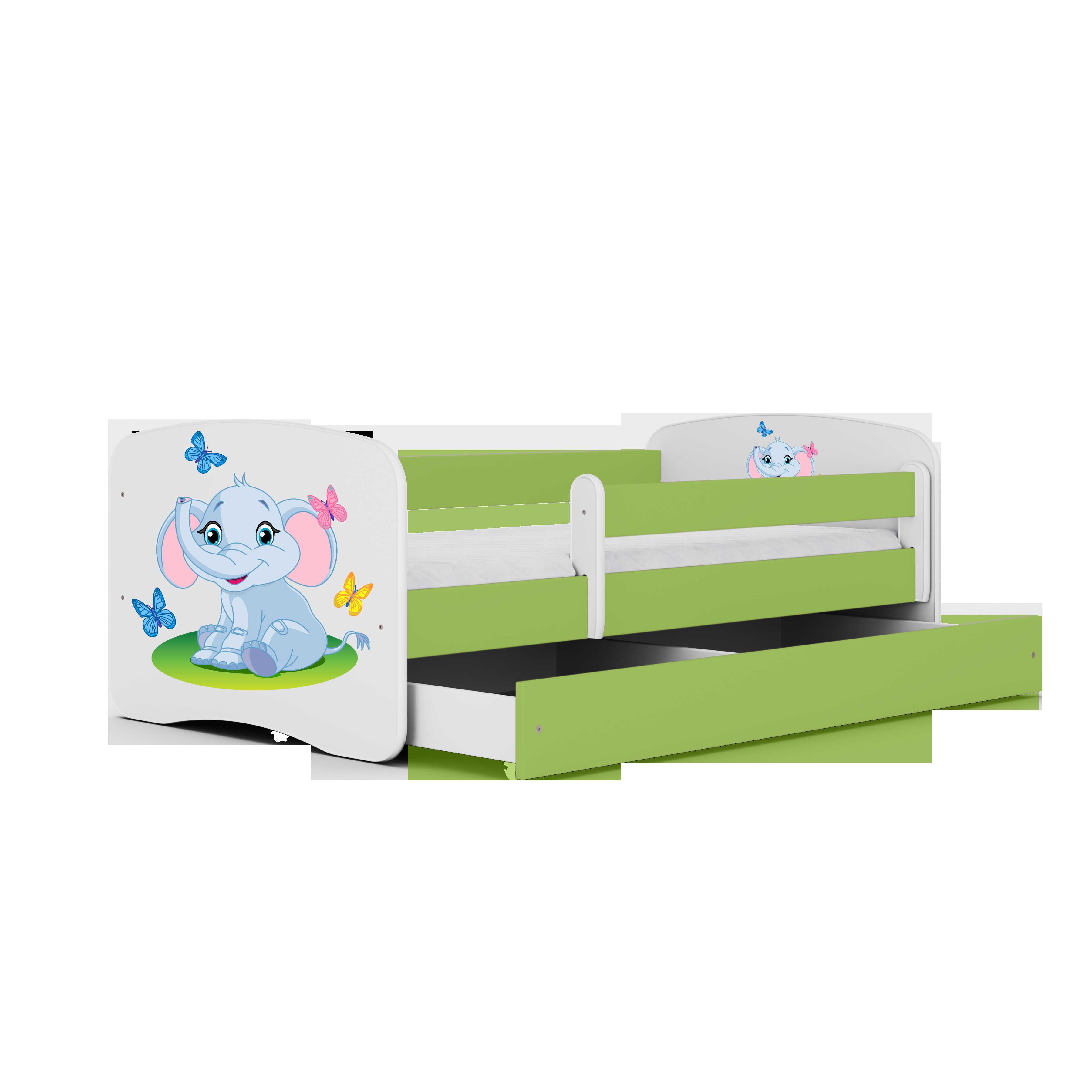 Lova Babydreams - Mažasis drambliukas, žalia, 140x70, su stalčiumi