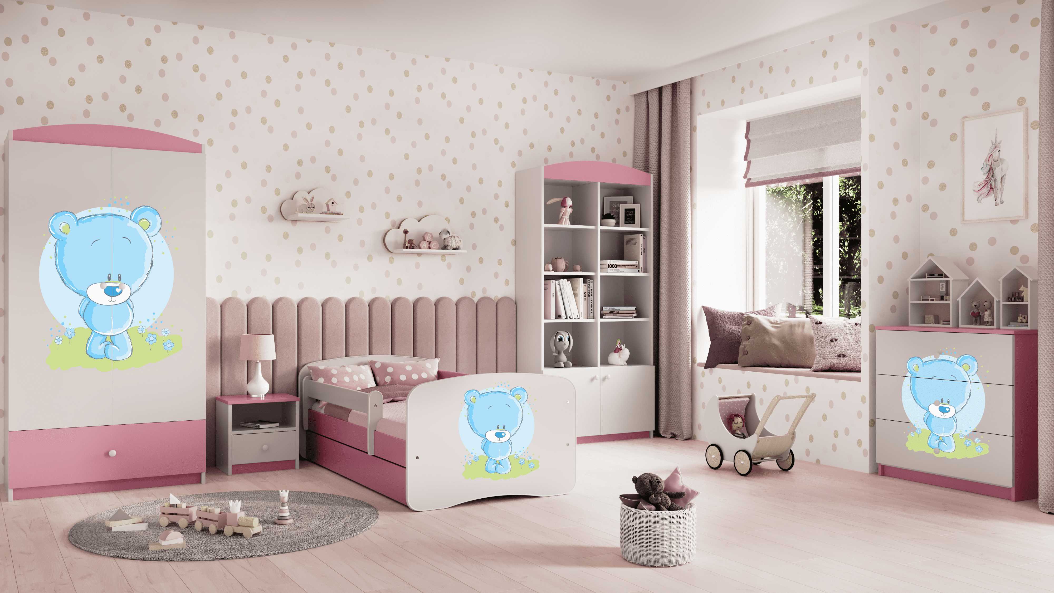 Lova Babydreams - Meškiukas, rožinė, 180x80, su stalčiumi