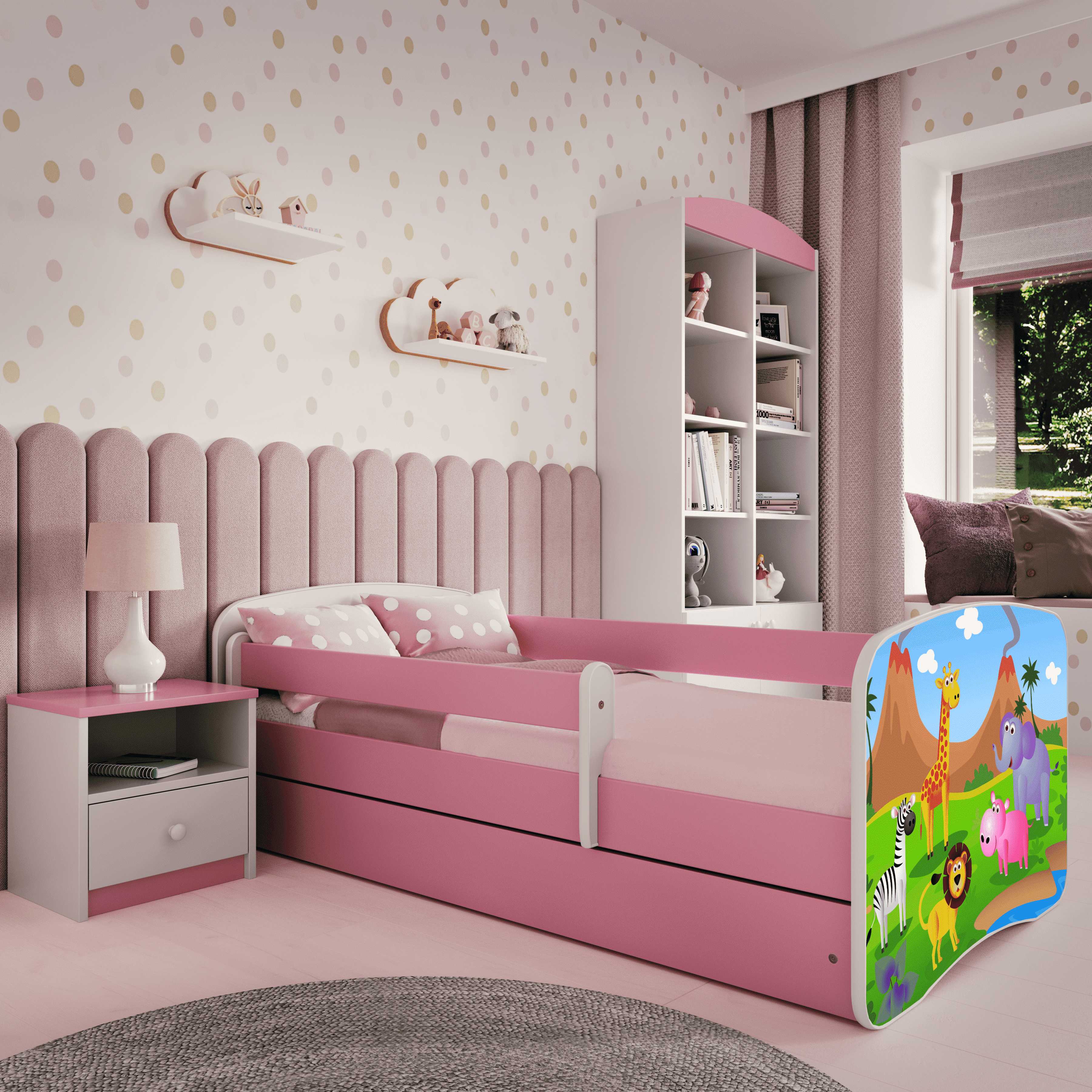 Lova Babydreams - Safari, rožinė, 140x70, su stalčiumi