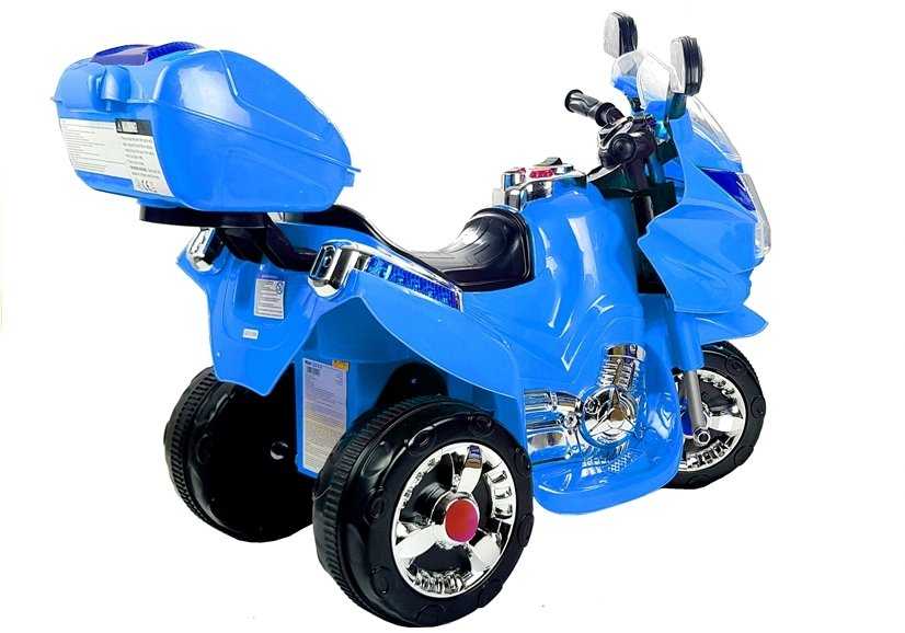 Elektrinis motocikliukas su bagažine, šviesiai mėlynas