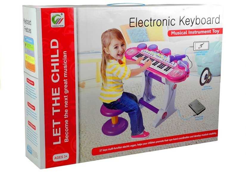 Vaikiškas pianinas su mikrofonu ir kėdute, rožinis