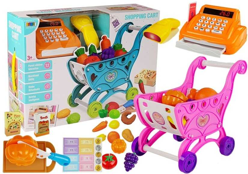 Žaislinis kasos aparatas su priedais ir vežimėliu, oranžinis
