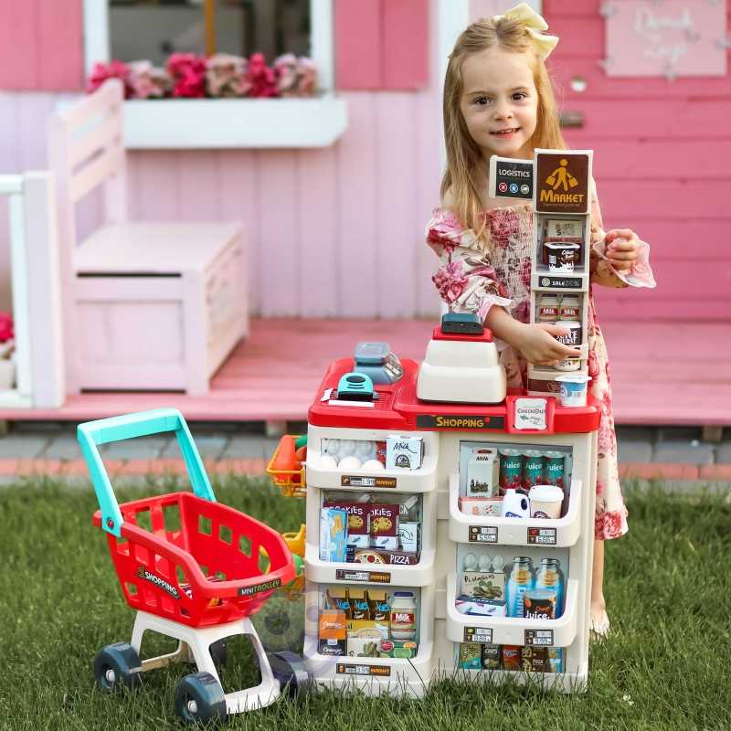 Žaislinė parduotuvė su pirkinių vežimėliu