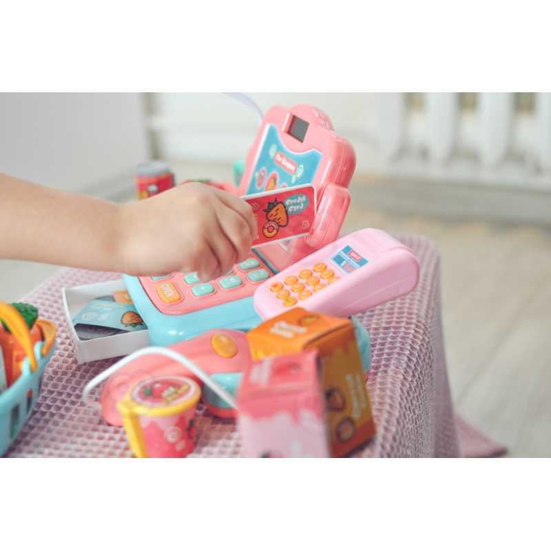 Žaislinis kasos aparatas su priedais, rožinis