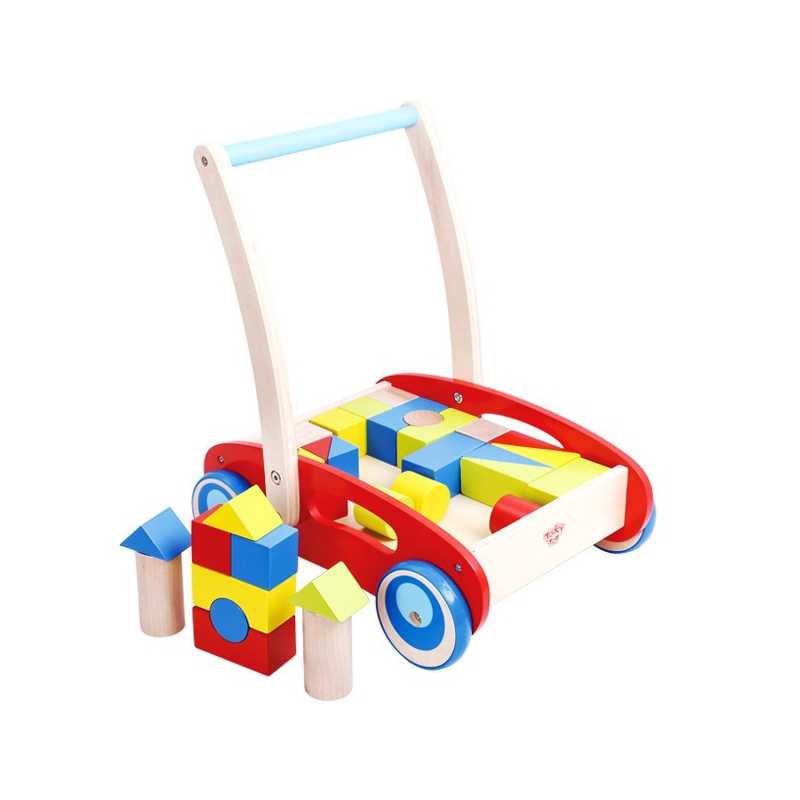 Medinis vaikiškas vežimėlis su kaladėlėmis