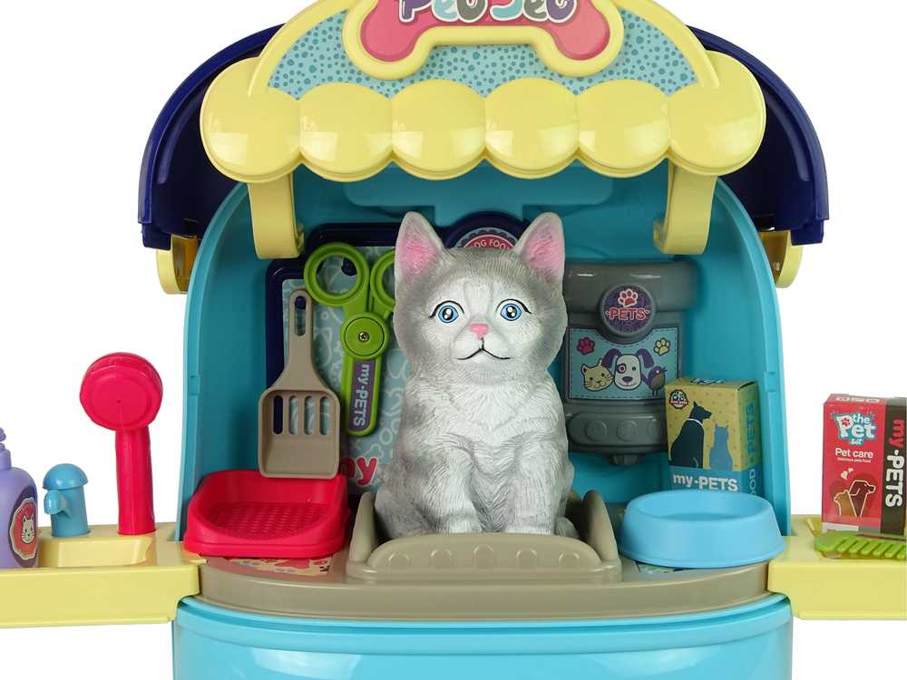 Grožio salonas kuprinėje su katyte, mėlynas