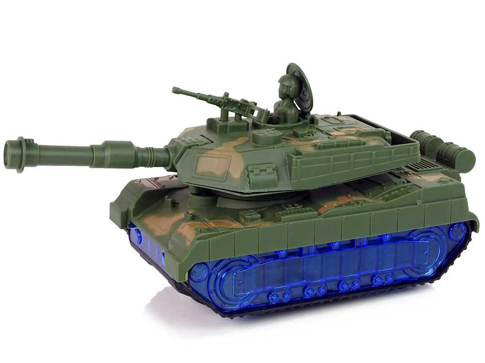Žaislinis karinis tankas su mėlynais vikšrais