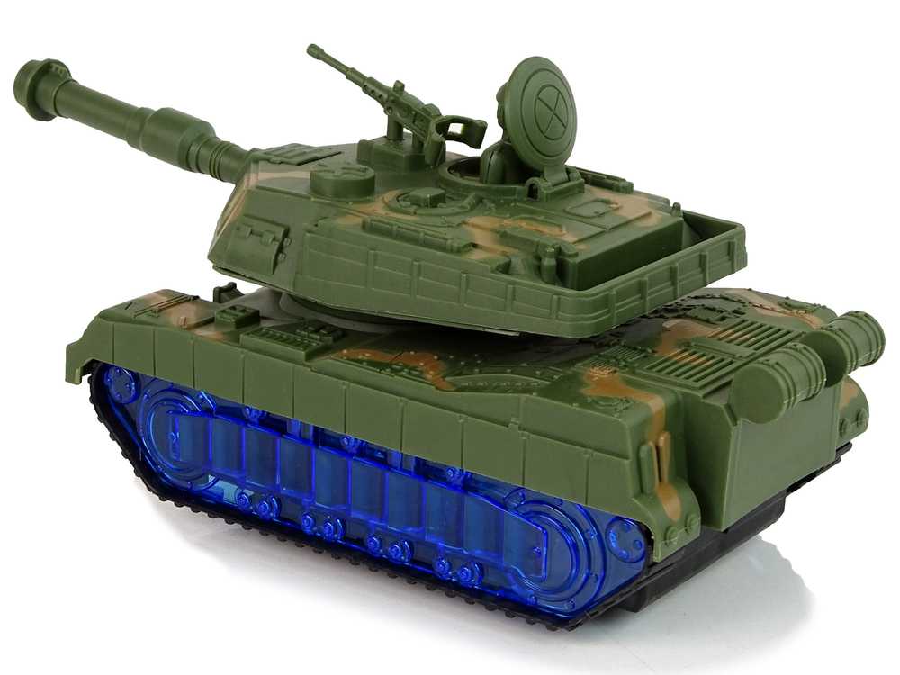 Žaislinis karinis tankas su mėlynais vikšrais