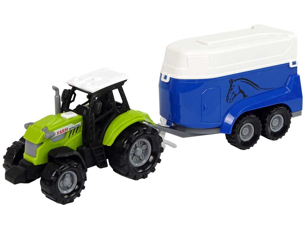 Žalias traktorius su mėlyna arklių priekaba