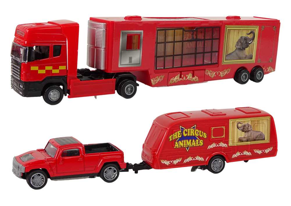 Žaislinis cirko gyvūnų pervežimo sunkvežimis su automobiliu