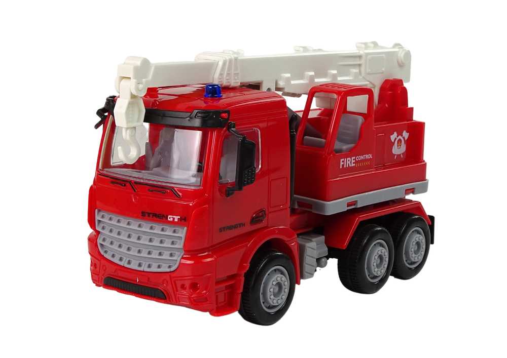 Žaislinis gaisrinės automobilis su kelio ženklais