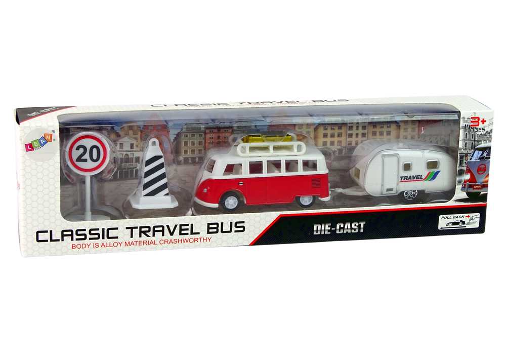 Žaislinis autobusas su kempingo priekaba 