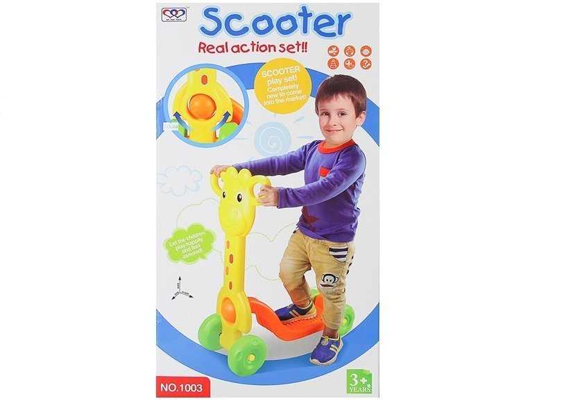 Vaikiškas paspirtukas su 4 ratais, žirafa, geltonas