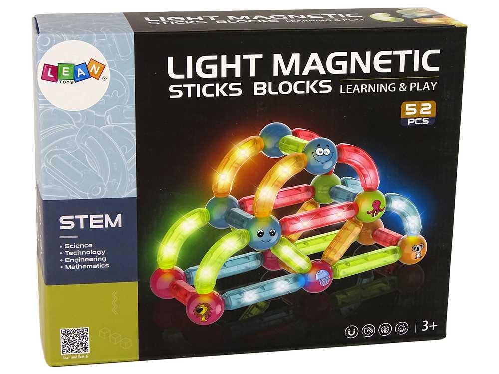 LIGHT MAGNETIC STICKS šviečiančių edukacinių magnetinių kaladėlių rinkinys, 52 el.