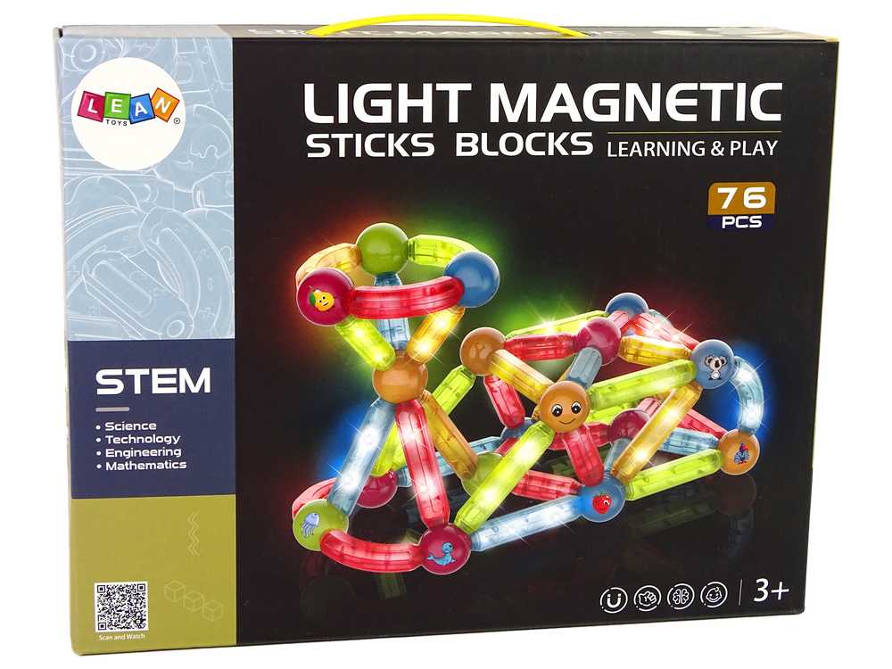 LIGHT MAGNETIC STICKS šviečiančių edukacinių magnetinių kaladėlių rinkinys, 76 el.