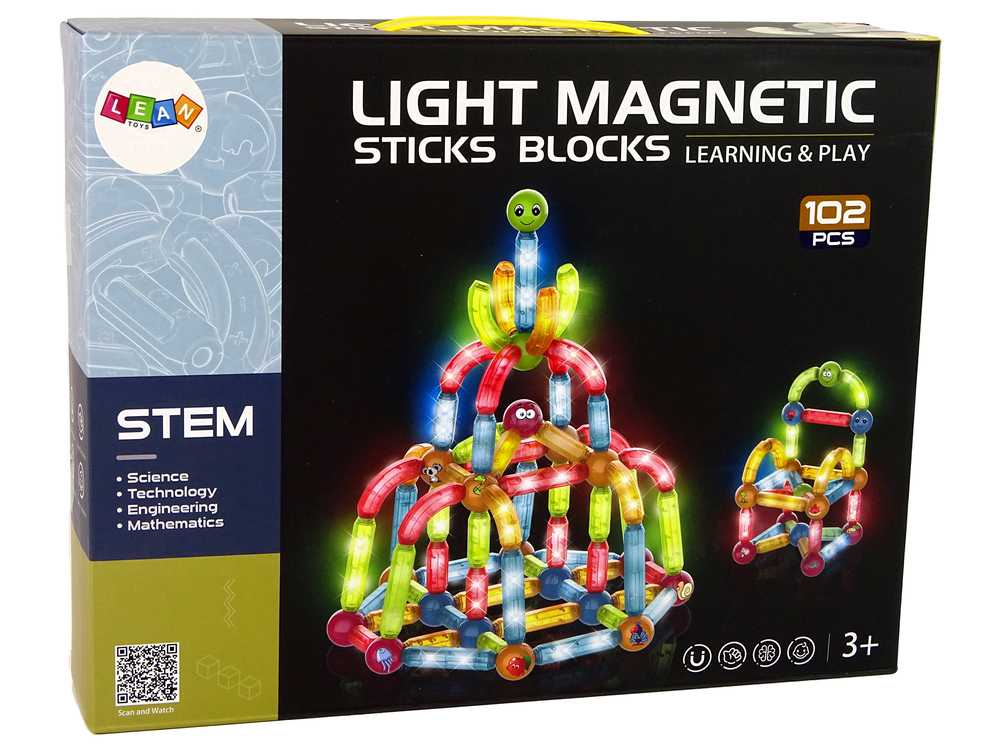 LIGHT MAGNETIC STICKS šviečiančių edukacinių magnetinių kaladėlių rinkinys, 102 el. 