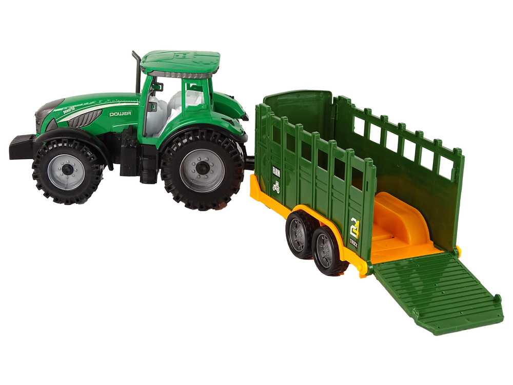 Žalias traktorius su nuimama frikcinės pavaros priekaba