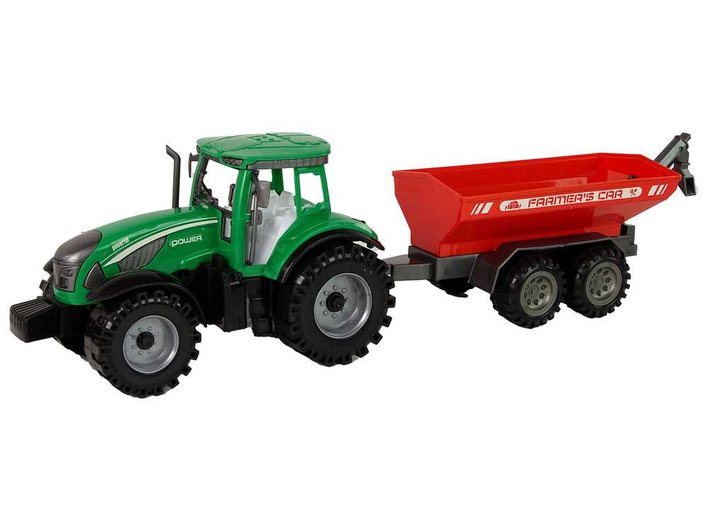 Žalias traktorius su raudona priekaba 