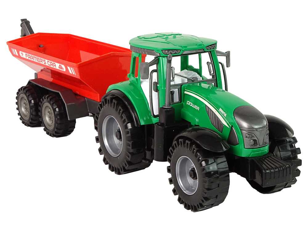 Žalias traktorius su raudona priekaba 