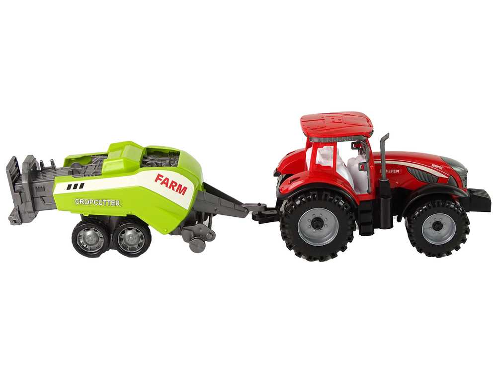 Raudonas žemės ūkio traktorius su žalia sėjamąja frikcine pavara