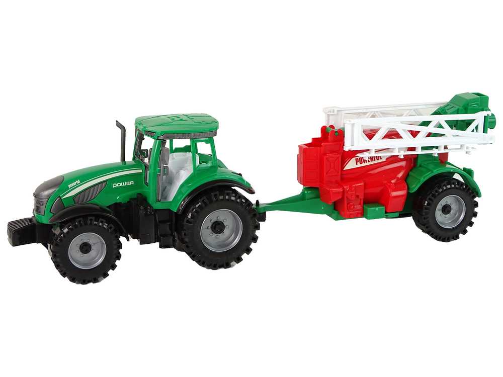 Žalias žemės ūkio traktorius su raudonai žaliu purkštuvu 