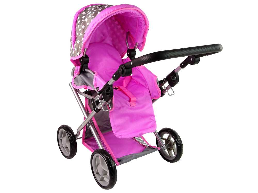 Gray Pink Stars vaikiškas vežimėlis lėlėms su krepšiu