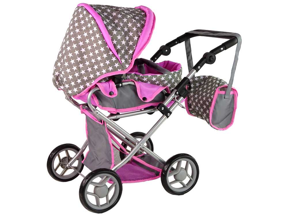 Gray Pink Stars vaikiškas vežimėlis lėlėms su krepšiu