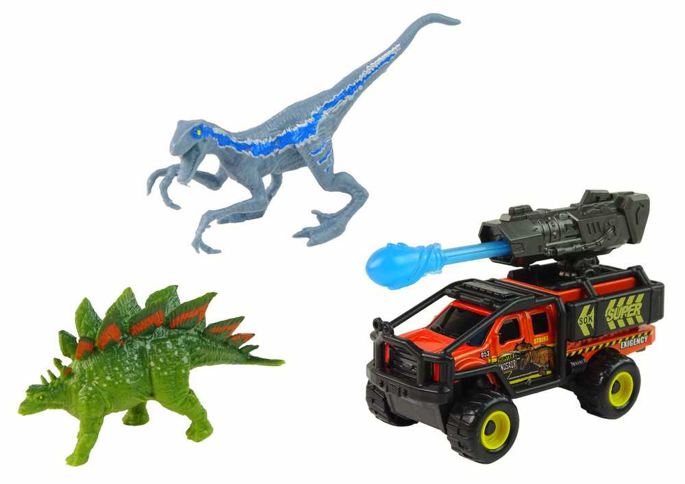 Dinozaurų figūrėlių ir automobilio rinkinys, mėlynas
