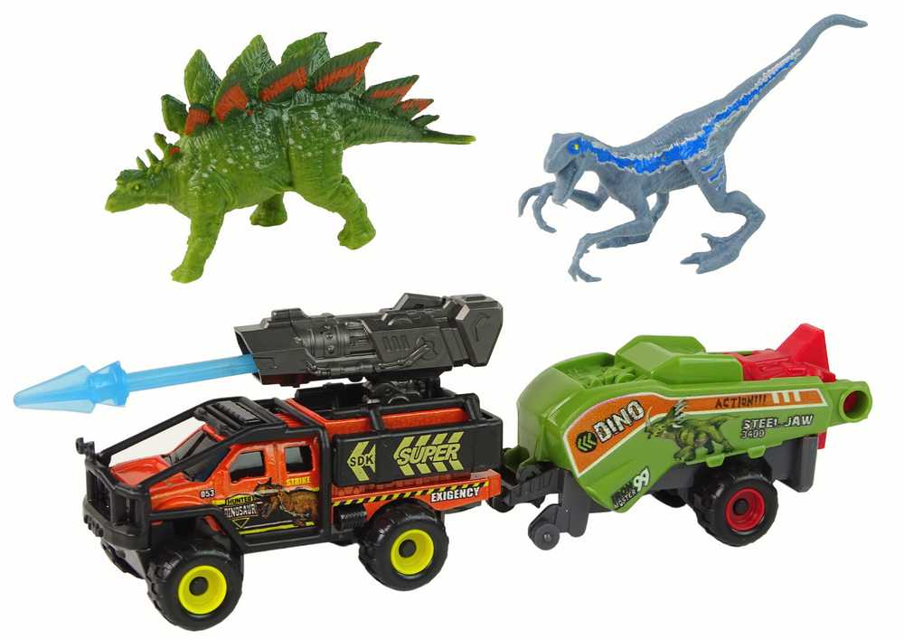 Dinozaurų ir automobilio su priekaba rinkinys, oranžinis