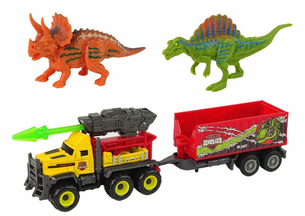 Dinozaurų ir automobilio su priekaba rinkinys, geltonas