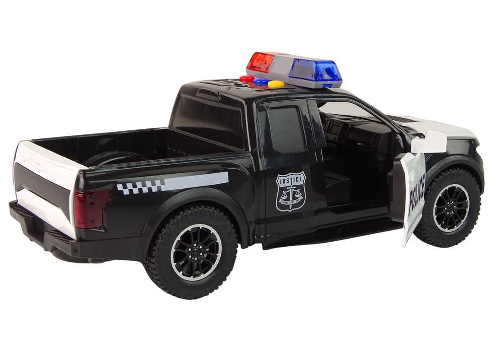 Policijos automobilis su garso ir šviesos efektais, juodas