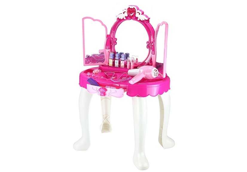 Didelis grožio staliukas su kėdute ir veidrodžiu, rožinis