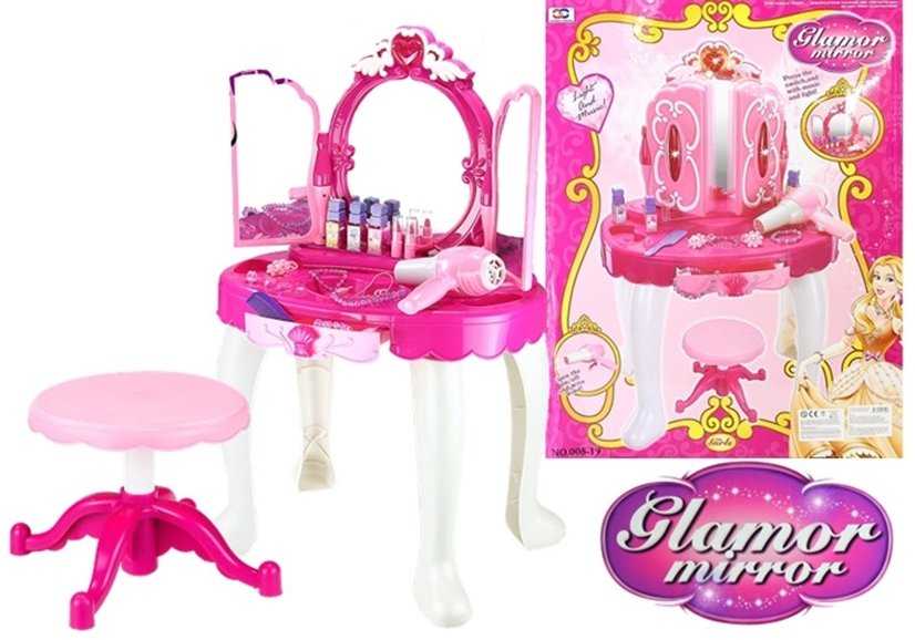 Didelis grožio staliukas su kėdute ir veidrodžiu, rožinis