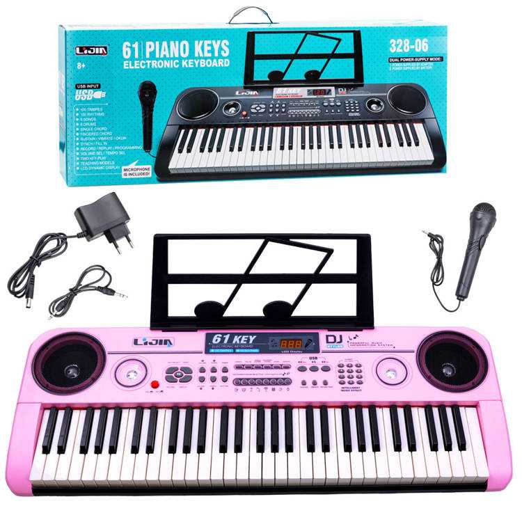 Vaikiškas pianinas su 61 klavišu ir mikrofonu, rožinis