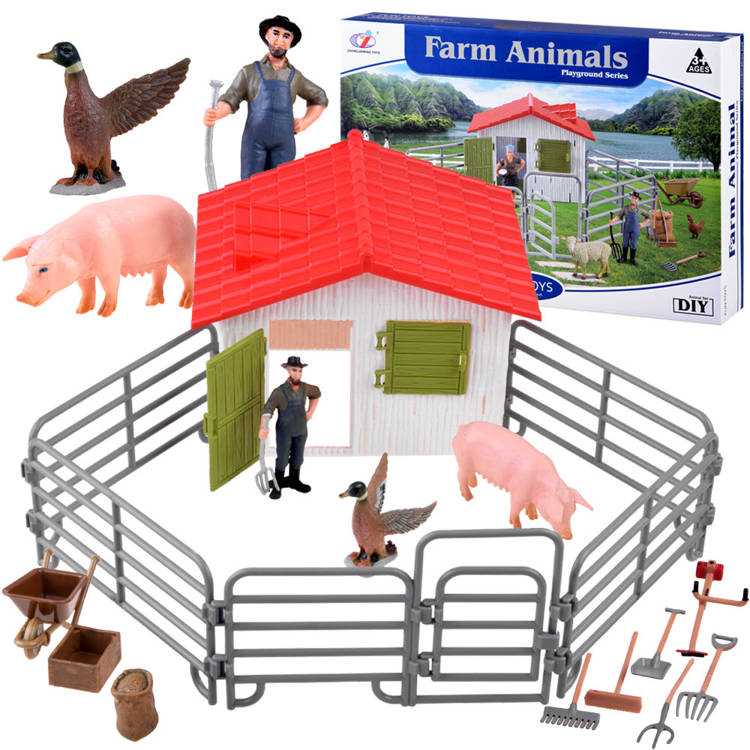 Ūkio rinkinys su gyvūnais ir ūkininku