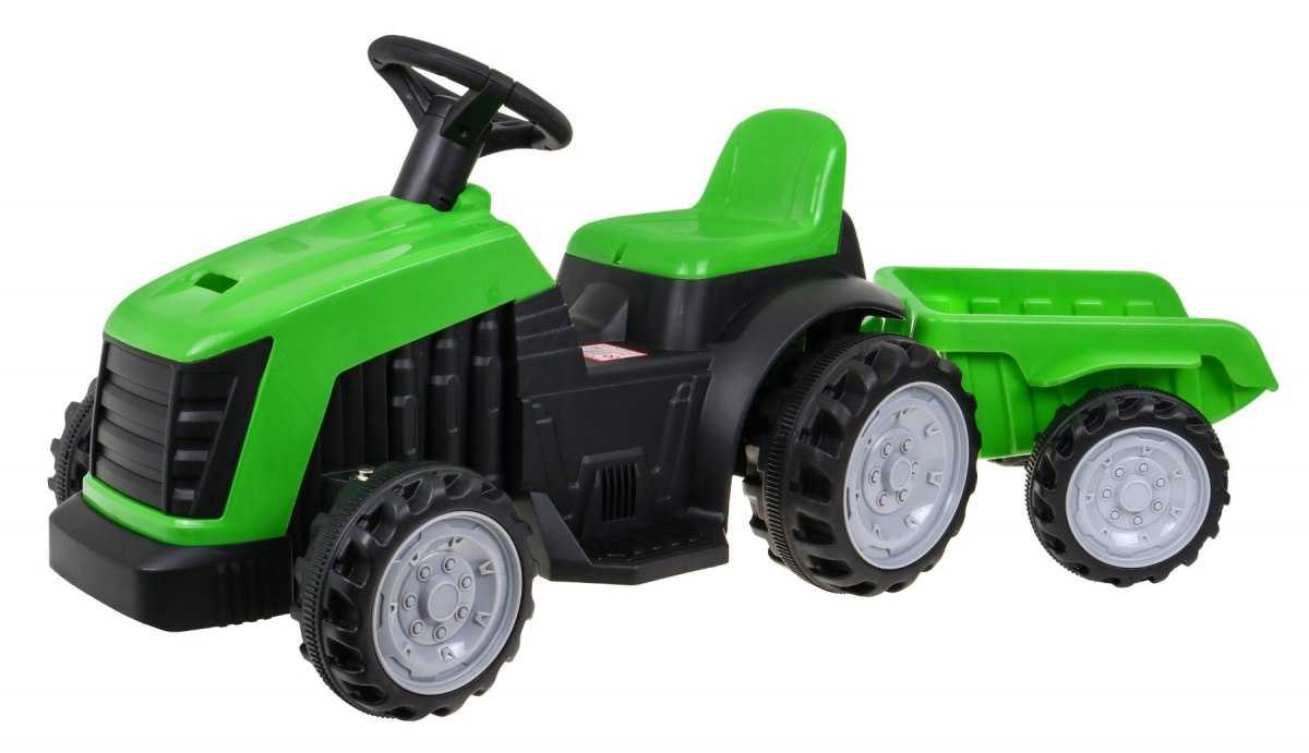 Vaikiškas elektrinis traktorius su priekaba, žalias