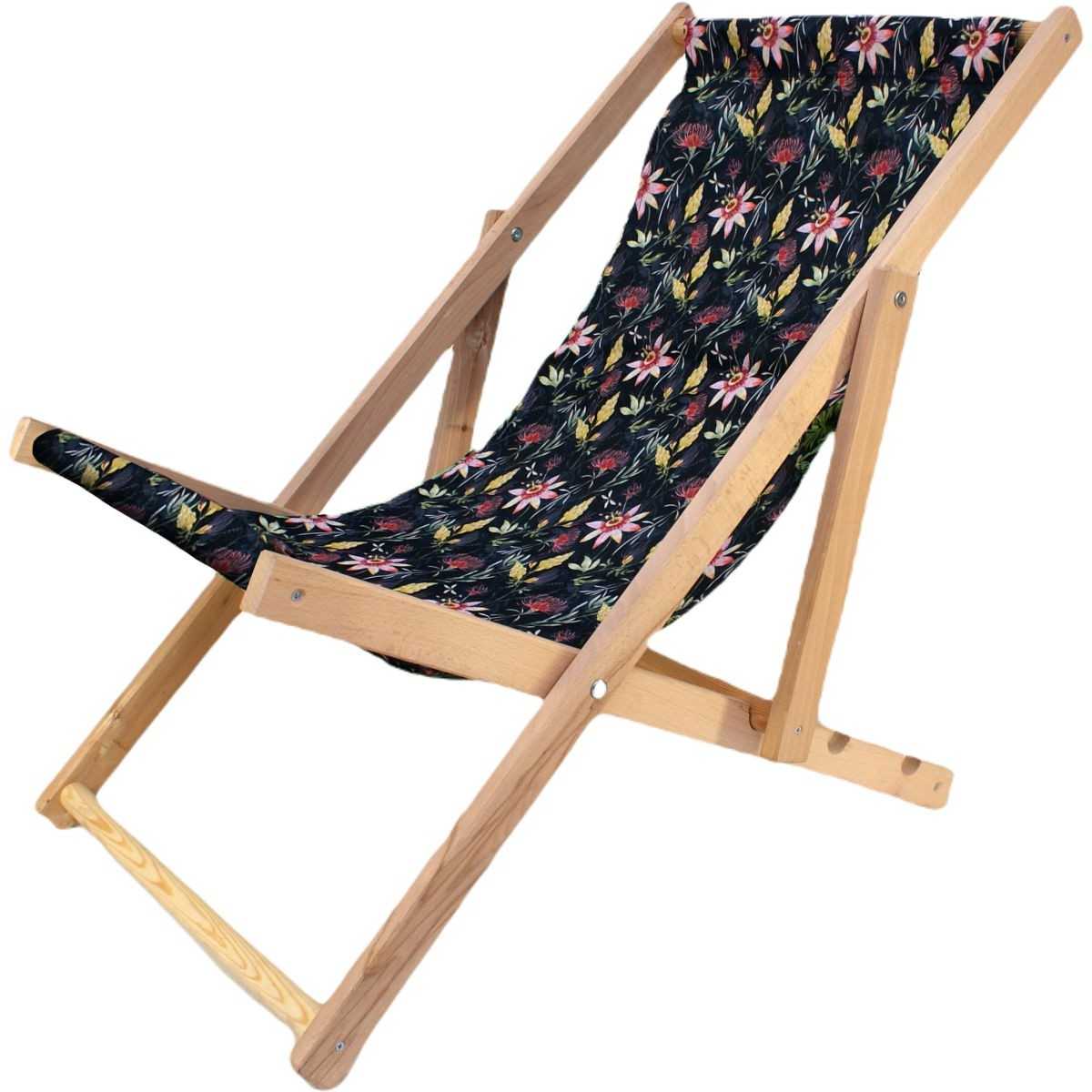 Sulankstoma medinė paplūdimio kėdė, tamsios gėlės