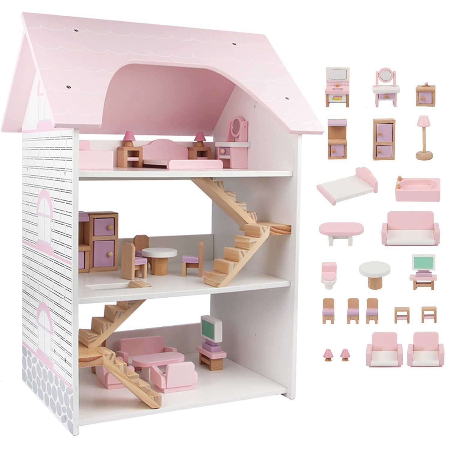Medinis trijų aukštų lėlių namas su baldais 