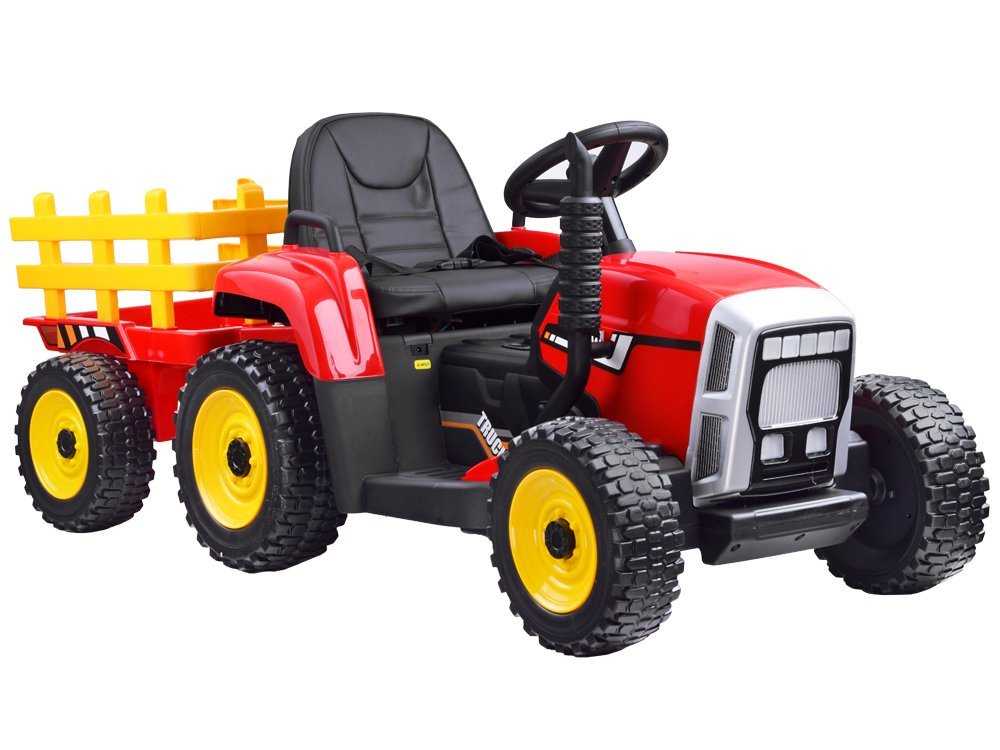 Didelis elektrinis traktorius su priekaba, raudonas