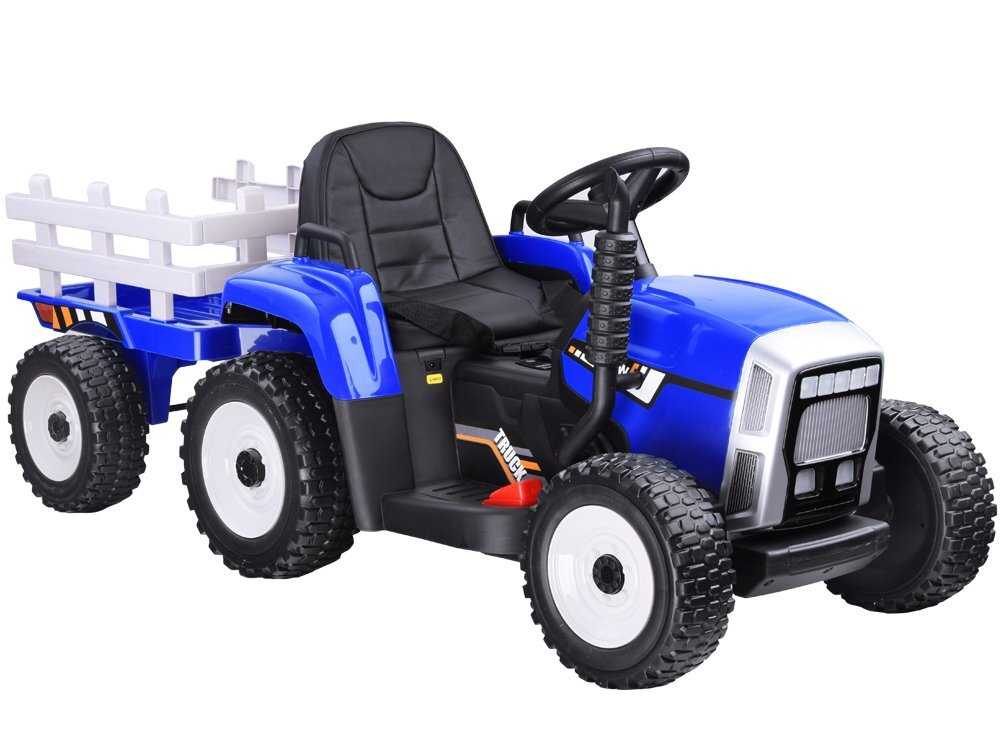 Didelis elektrinis traktorius su priekaba, mėlynas